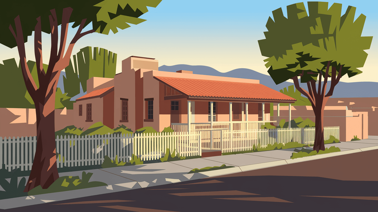 A warm afternoon view of a classic adobe-style home in Albuquerque's North Valley neighborhood, with cottonwood trees lining the street and the Sandia Mountains visible in the distance