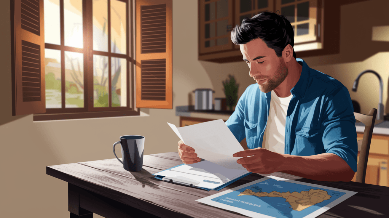 A first-time homebuyer sitting at a kitchen table reviewing mortgage paperwork and a New Mexico map, natural light coming through a window with Albuquerque-style wood-framed shutters