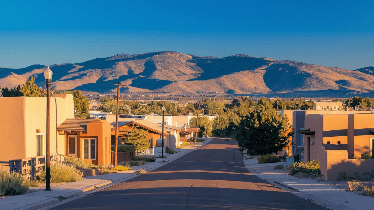 A wide-angle view of a quiet Albuquerque residential street lined with adobe-style homes in warm afternoon light, the Sandia Mountains visible in the background under a deep blue New Mexico sky