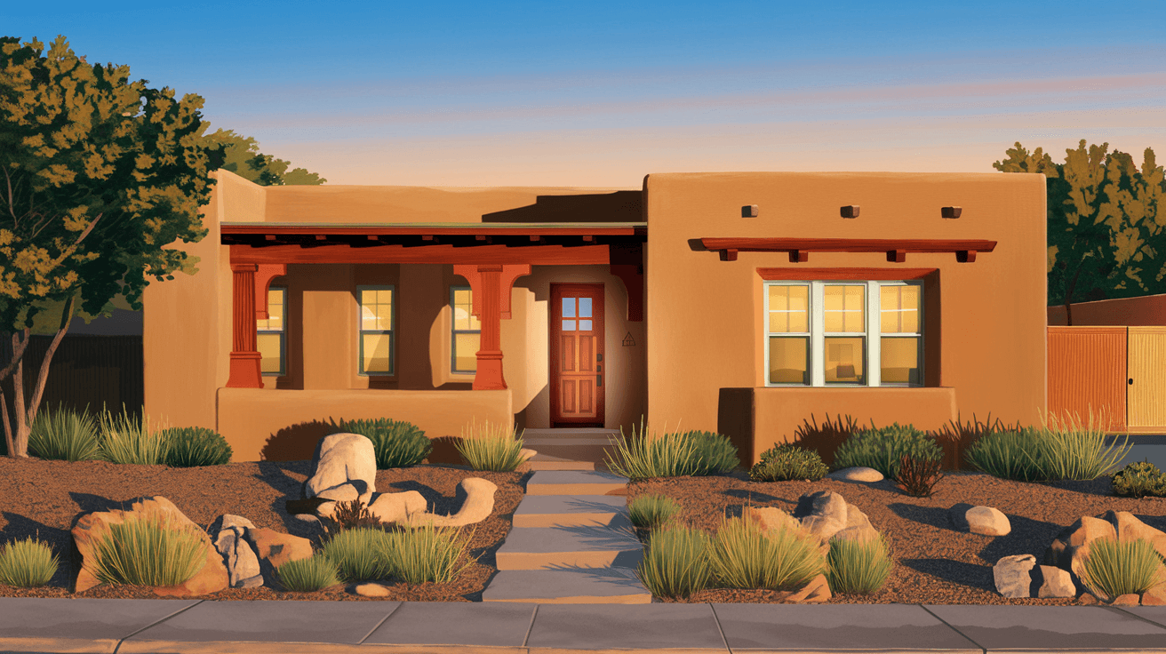 A well-maintained single-story adobe home with a xeriscaped front yard and terracotta accents in Albuquerque's Taylor Ranch neighborhood, photographed in golden hour light