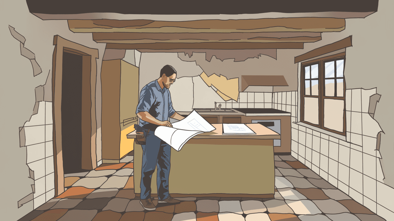 A licensed contractor reviewing renovation blueprints on a kitchen countertop inside a gutted Albuquerque home, worn tile floors and original adobe walls visible, natural light coming through a single window