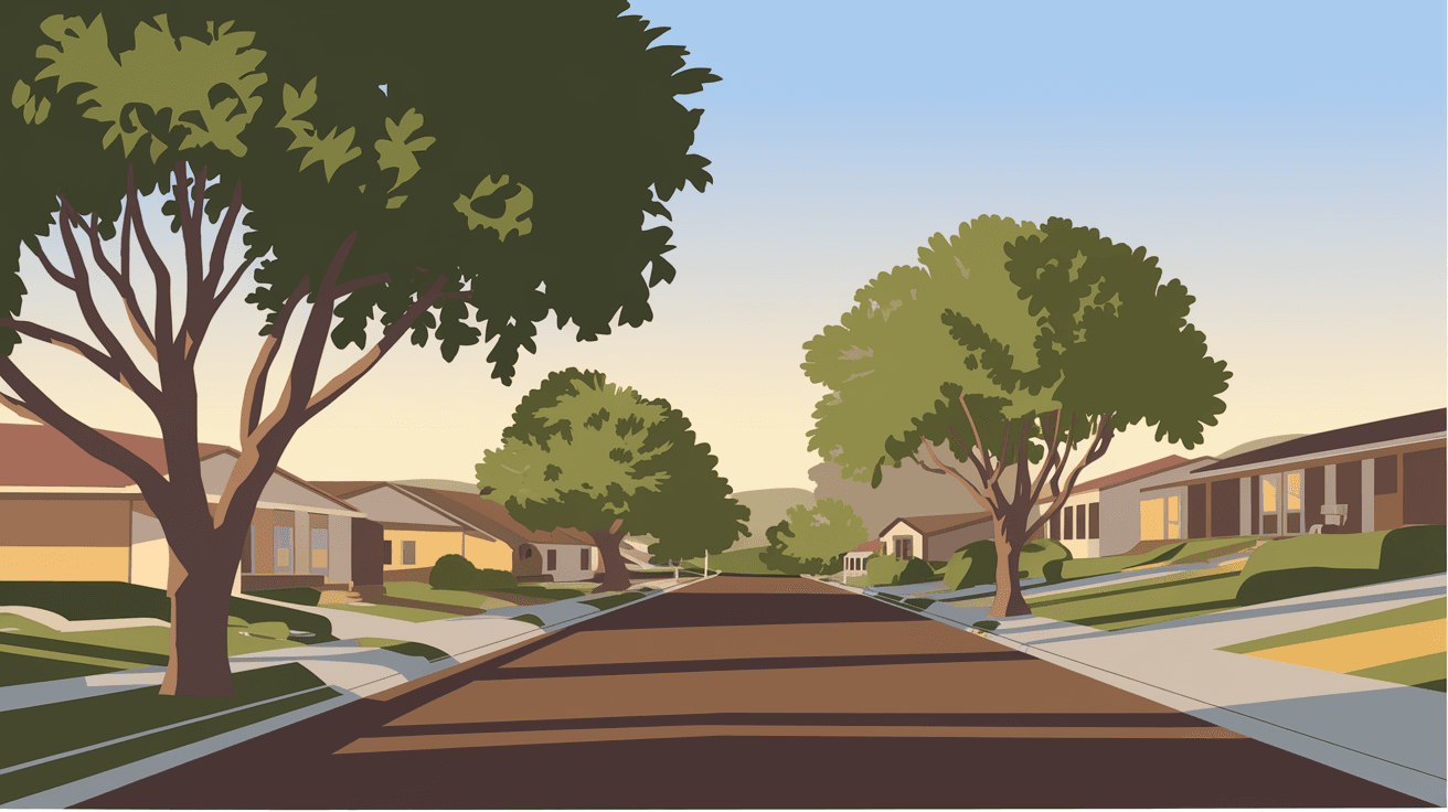 A quiet Four Hills Albuquerque street lined with mature cottonwood trees and established ranch-style homes on large lots in the late afternoon light