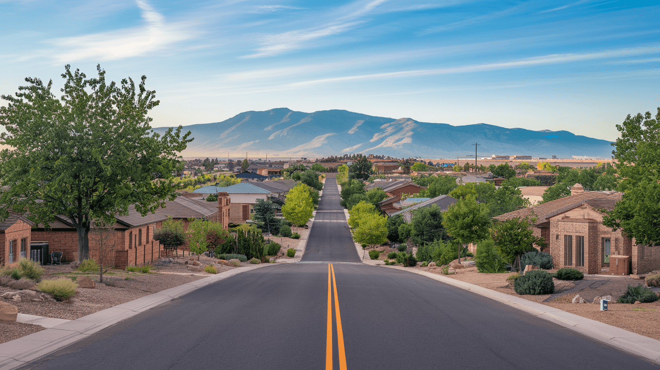 A wide residential street in Four Hills Albuquerque lined with mature trees and custom ranch-style brick homes on large lots, with the Sandia Mountains visible in the background under a clear blue sky