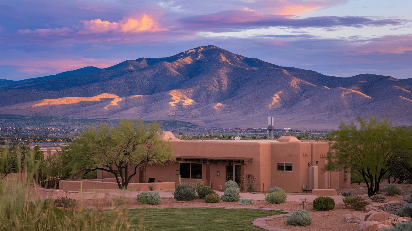 Panoramic view from a Four Hills Albuquerque backyard showing the Sandia Mountains at golden hour with a custom adobe home in the foreground and the city lights beginning to glow below