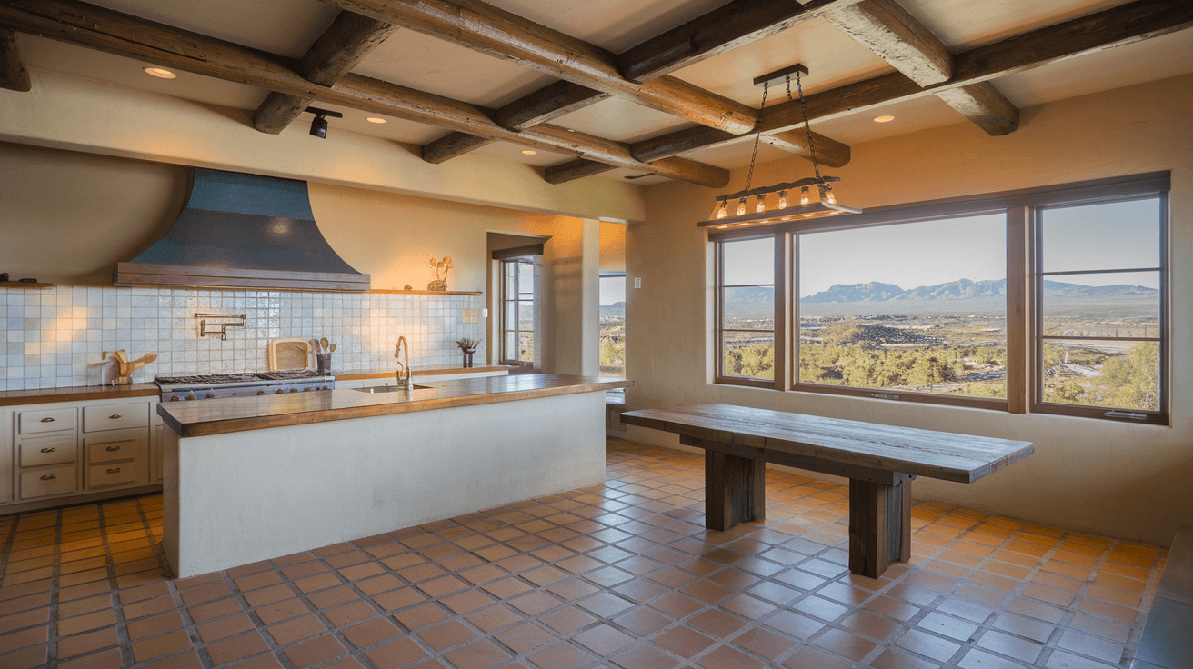The interior of a renovated Four Hills Albuquerque home featuring saltillo tile floors, exposed wood beam ceilings, a modern kitchen with warm lighting, and a large window framing a view of the Sandia Mountains