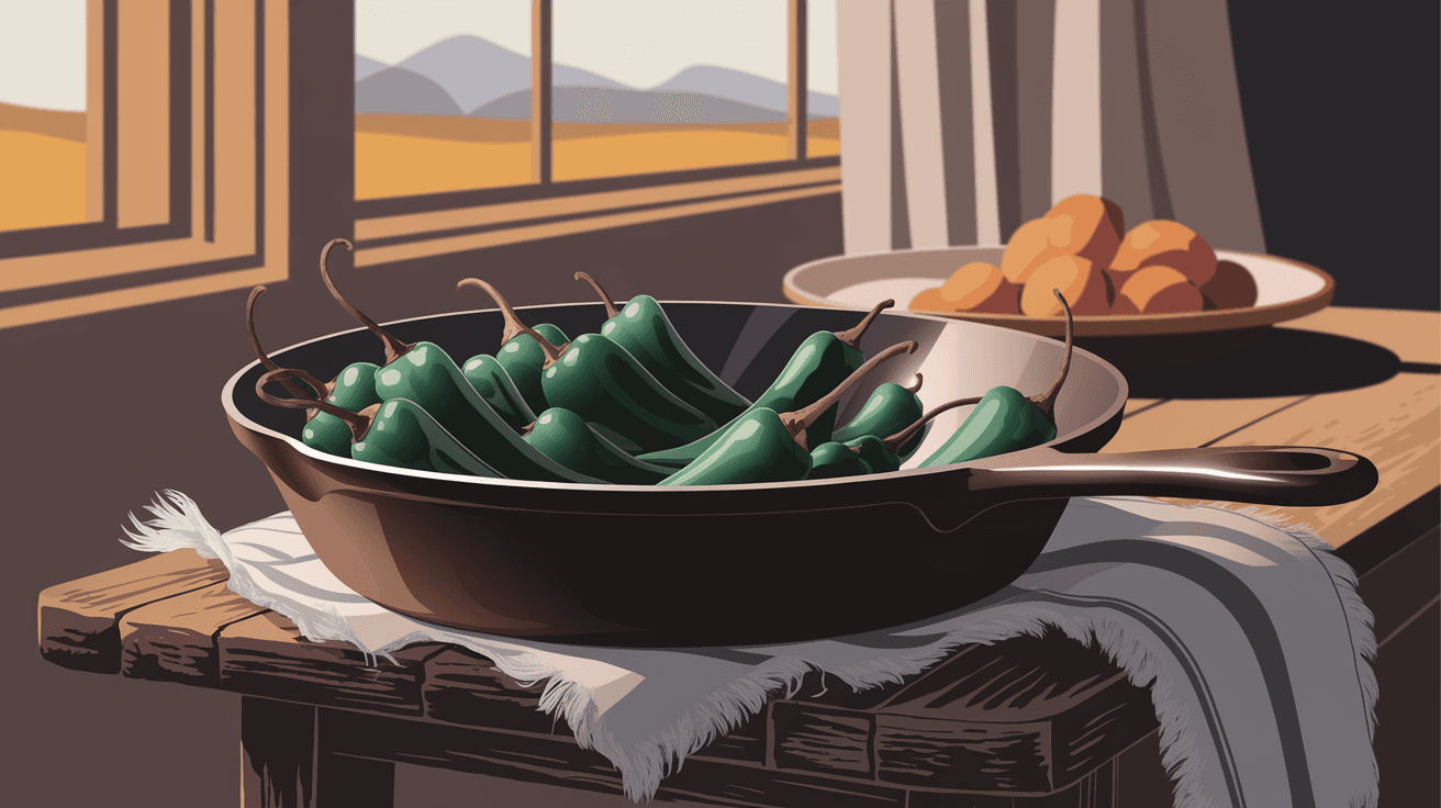 A cast iron skillet filled with freshly roasted Hatch green chiles resting on a weathered wooden farm table, soft morning light coming through a window with Sandia Mountain views in the background