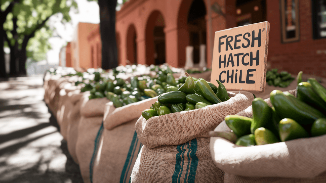 Rows of burlap sacks filled with freshly roasted Hatch green chiles at an Albuquerque farmers market, morning light filtering through cottonwood trees, a hand-painted wooden sign reading 'Fresh Hatch Chile' in the foreground