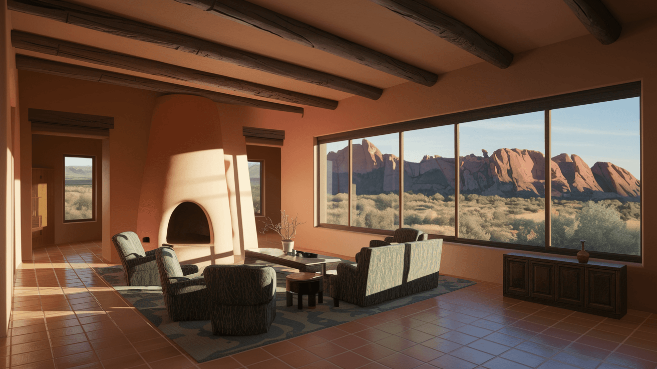 Interior of a custom High Desert Albuquerque home featuring a Pueblo Revival great room with vigas on the ceiling, kiva fireplace, and floor-to-ceiling windows framing a direct view of the Sandia Mountains
