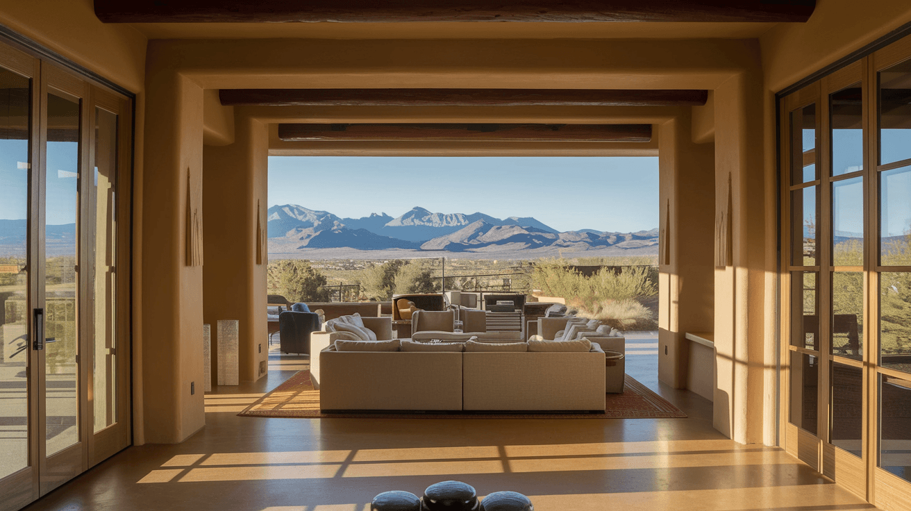Interior of a luxury High Desert home in Albuquerque featuring floor-to-ceiling windows framing a dramatic view of the Sandia Mountains, with warm Southwestern-style finishes and an open living area bathed in natural light