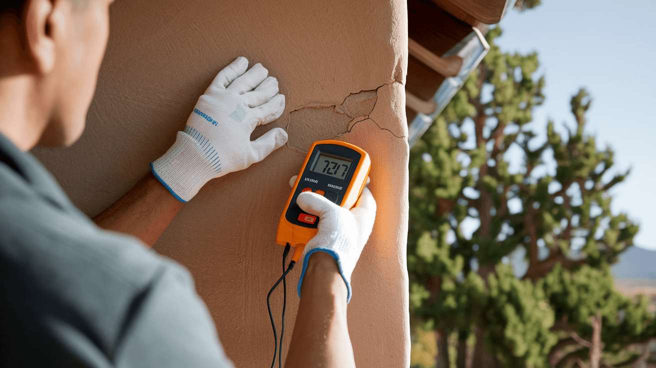 A licensed home inspector examining the stucco exterior of a traditional adobe home in Albuquerque's North Valley, with mature cottonwood trees visible in the background