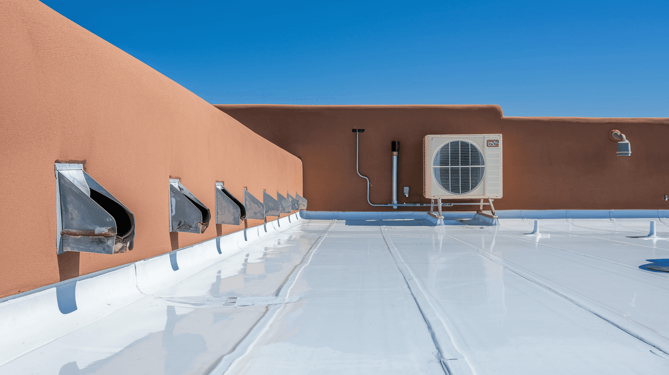A close-up view of a flat roof on an Albuquerque adobe home showing the elastomeric white coating, scuppers along the parapet wall, and a swamp cooler unit mounted near the roofline under a bright New Mexico sky