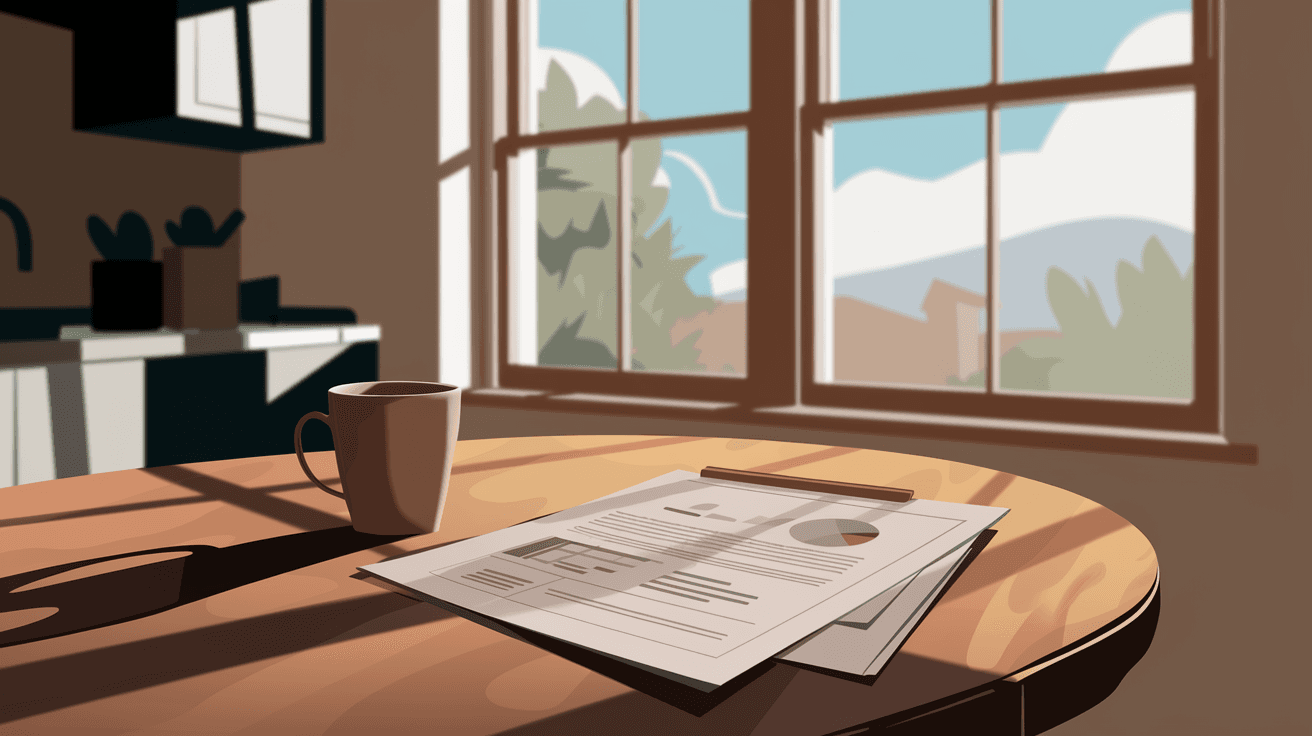 A comparative market analysis report and coffee mug on a sunlit kitchen table, with mountains visible through the window — preparing to price an Albuquerque home