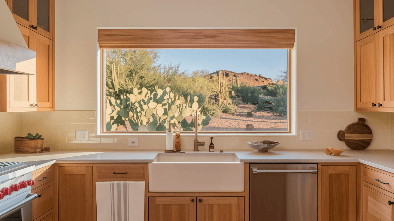 Updated Albuquerque home kitchen with warm wood cabinetry, quartz countertops, farmhouse sink, and a large window overlooking a xeriscaped desert backyard with cacti and red rock