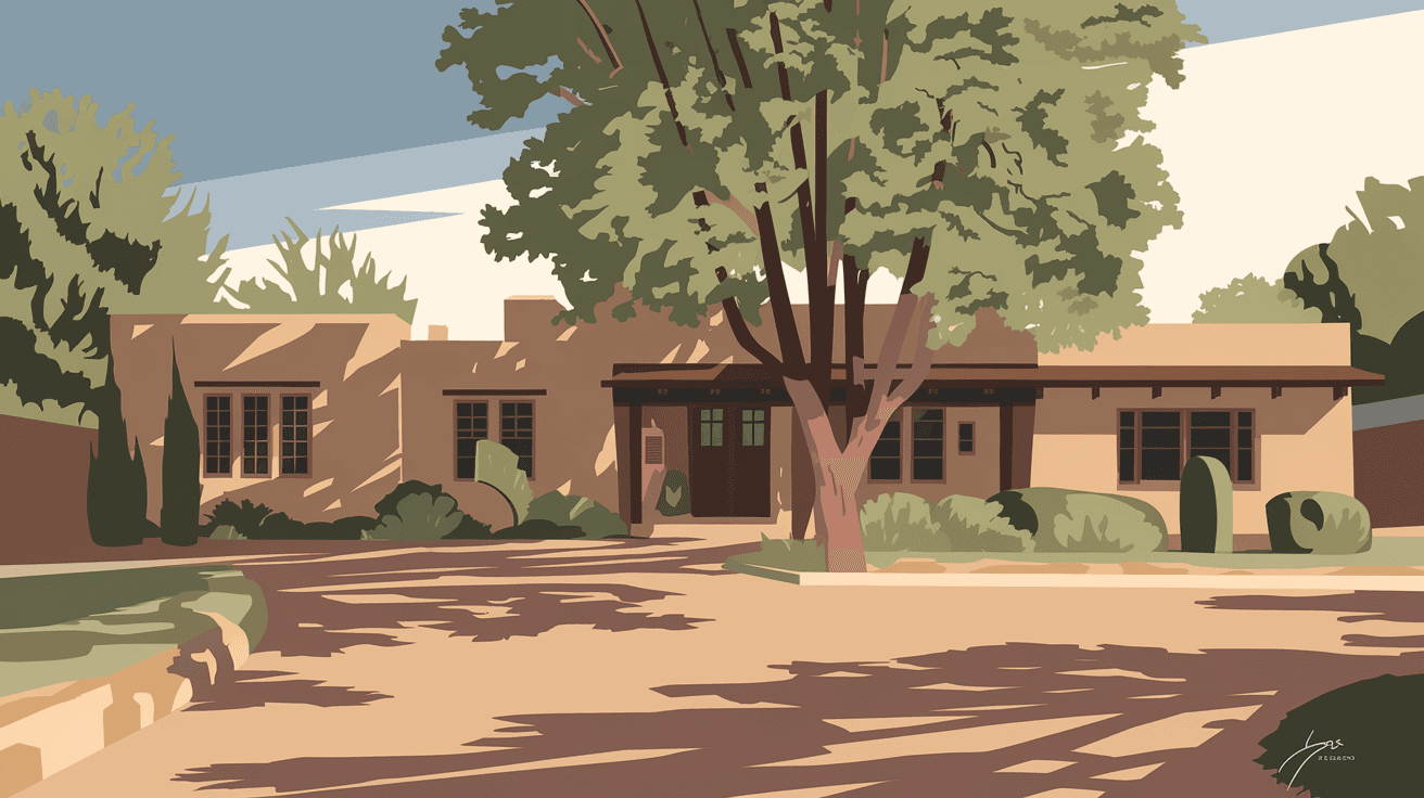 A classic adobe home in Albuquerque's North Valley with a large cottonwood tree in the front yard, late afternoon light casting long shadows across a dirt driveway