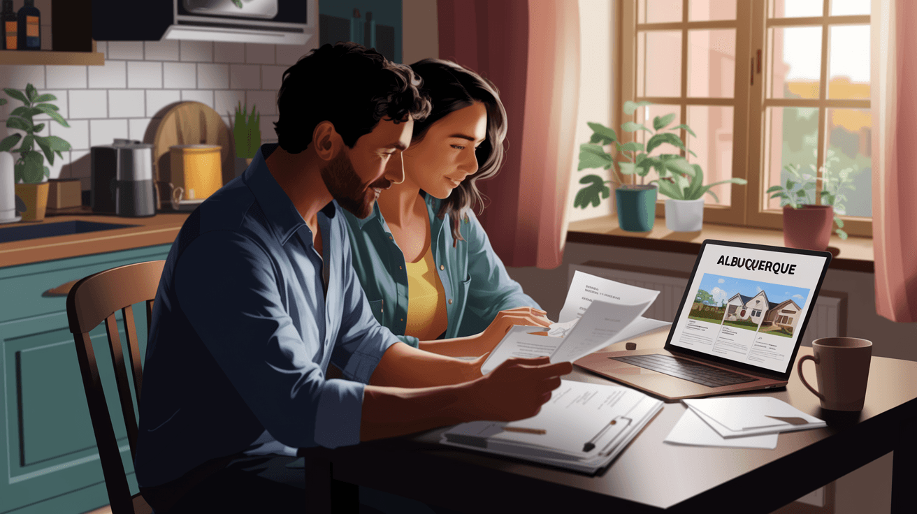 A couple sitting at a kitchen table reviewing home buying documents and a laptop showing Albuquerque real estate listings, warm natural light from a window