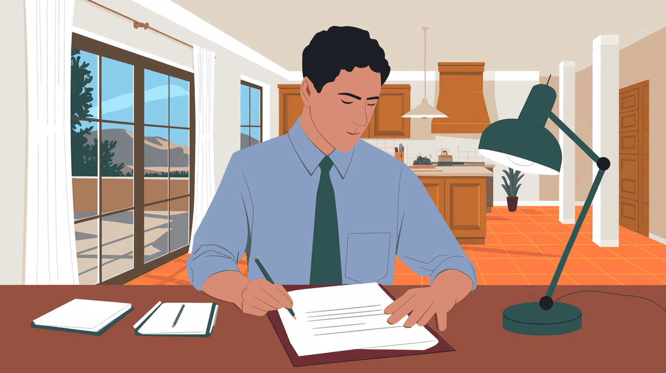 A real estate agent reviewing a purchase offer document at a kitchen table inside a bright, modern Albuquerque home with terracotta tile floors and a view of the Sandia Mountains through a large window