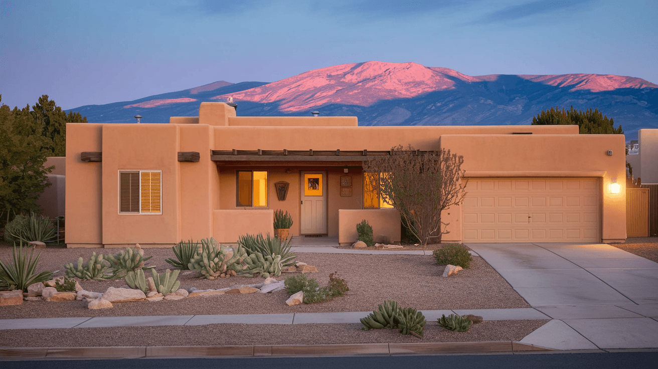 A sun-drenched adobe home in Albuquerque's North Valley with a well-kept xeriscaped front yard and the Sandia Mountains glowing pink in the background at dusk