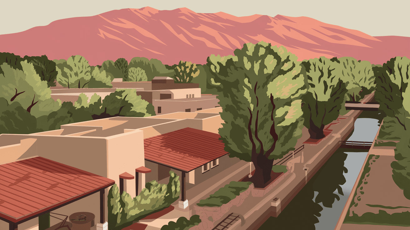 Aerial view of an Albuquerque neighborhood with adobe-style homes, mature cottonwood trees along an acequia, and the Sandia Mountains glowing pink at sunset in the background