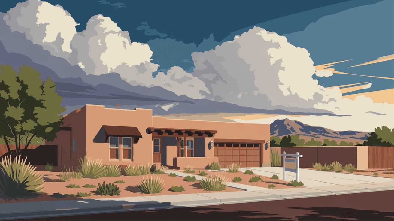 A well-maintained single-story adobe home in Albuquerque with a xeriscaped front yard, a for-sale sign in the yard, and the Sandia Mountains visible in the distance under a wide New Mexico sky