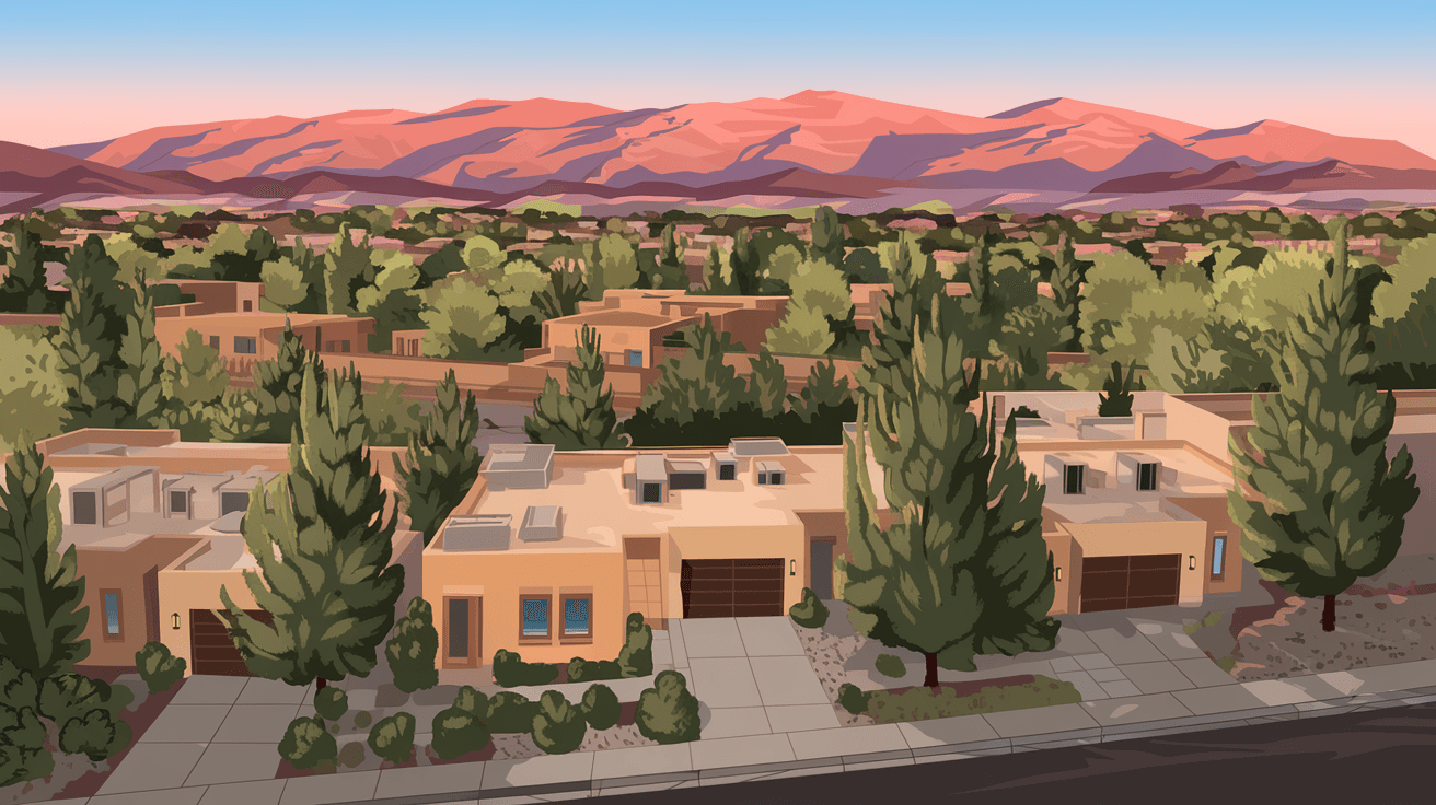 Aerial view of an Albuquerque residential neighborhood in the Northeast Heights with the Sandia Mountains glowing pink at sunset in the background, showcasing a mix of stucco homes and mature cottonwood trees