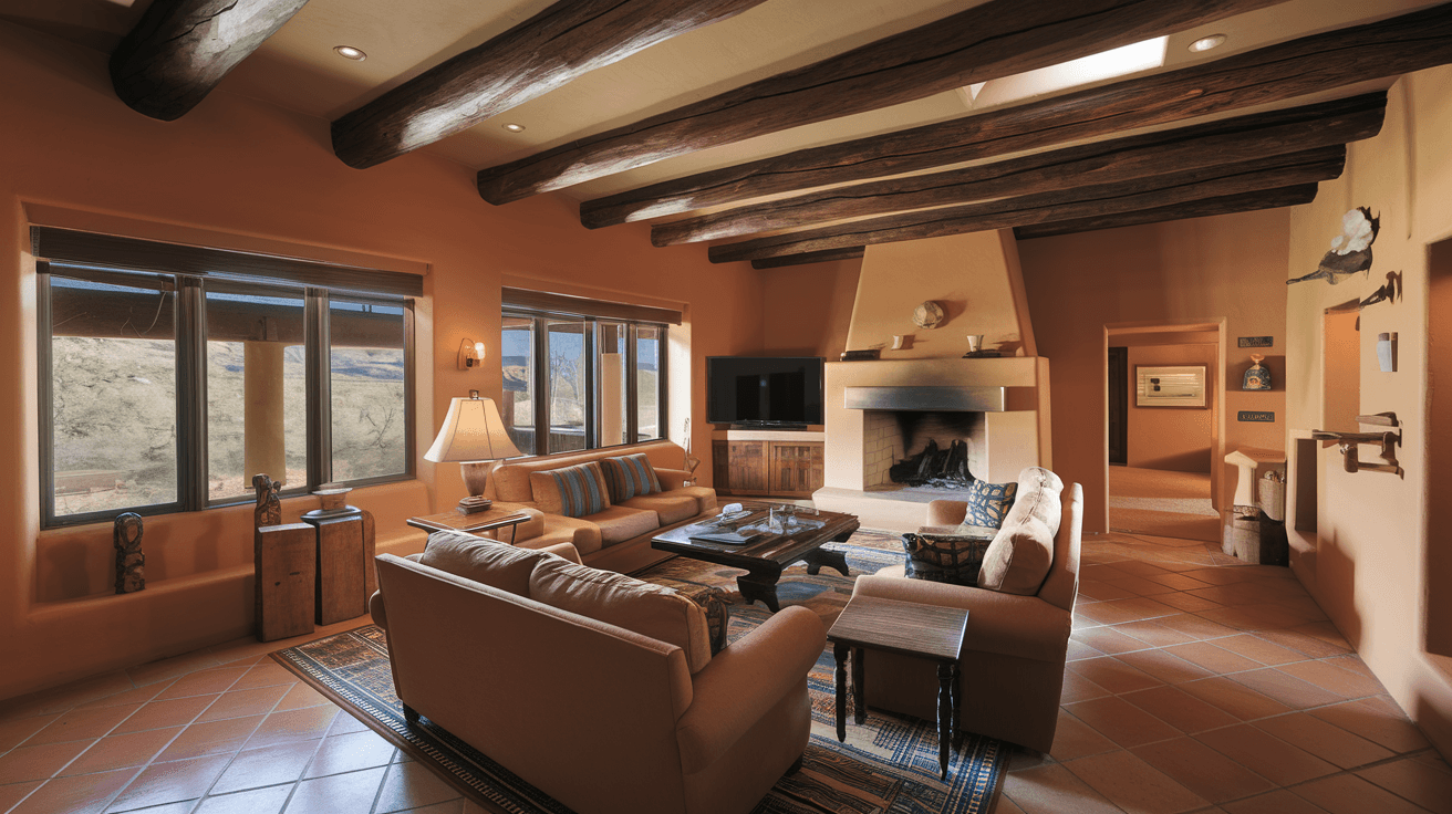 A well-staged Albuquerque living room with vigas, a kiva fireplace, warm terracotta tones, and natural light streaming through large windows onto polished Saltillo tile floors
