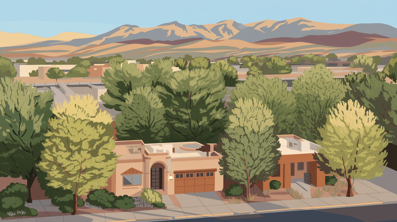 Aerial view of an Albuquerque neighborhood near the Rio Grande with mature cottonwood trees, adobe homes, and the Sandia Mountains visible in the background on a clear spring morning