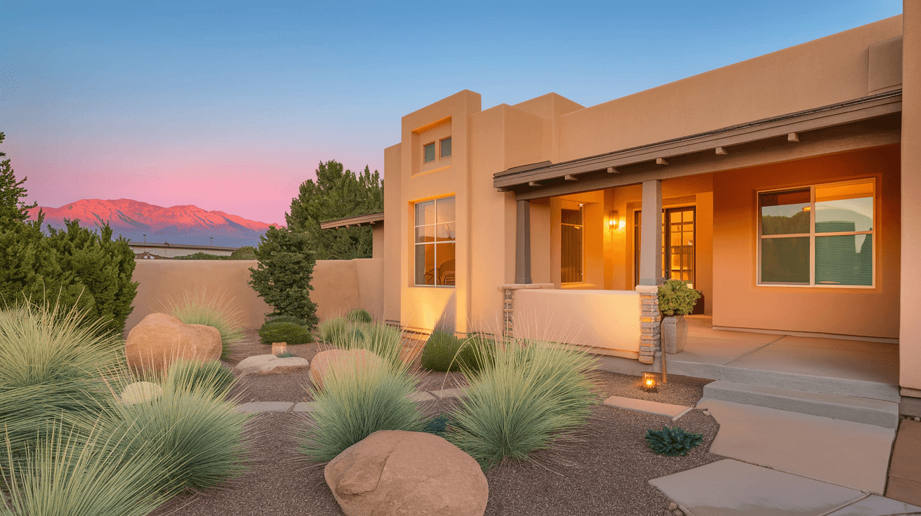 A beautifully staged Albuquerque home exterior at golden hour with a freshly updated xeriscape front yard, warm porch lighting, and the Sandia Mountains glowing pink in the distance