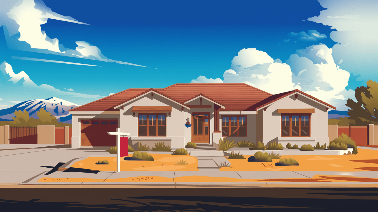 A for-sale sign in front of a well-maintained Albuquerque home on a sunny July morning, with desert landscaping, a blue sky, and the Sandia Mountains visible in the distance