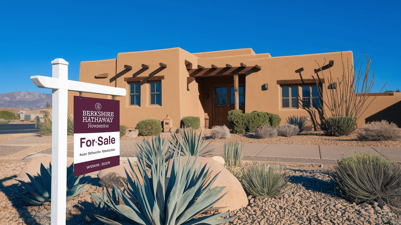 A Berkshire Hathaway HomeServices for-sale sign in front of an attractive Albuquerque adobe home with desert landscaping, blue sky, and the Sandia Mountains visible in the distance