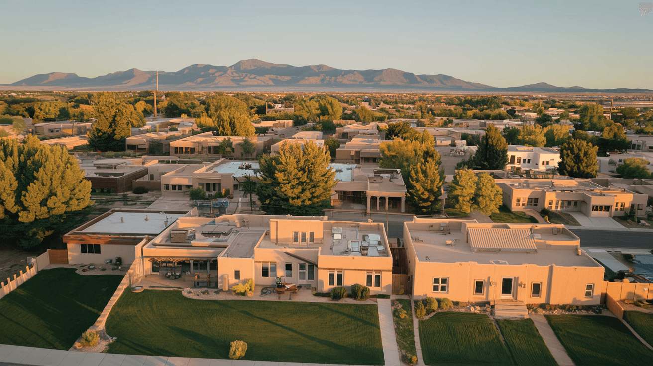 Aerial view of an Albuquerque residential neighborhood in summer with the Sandia Mountains in the background, warm golden light, adobe-style homes visible