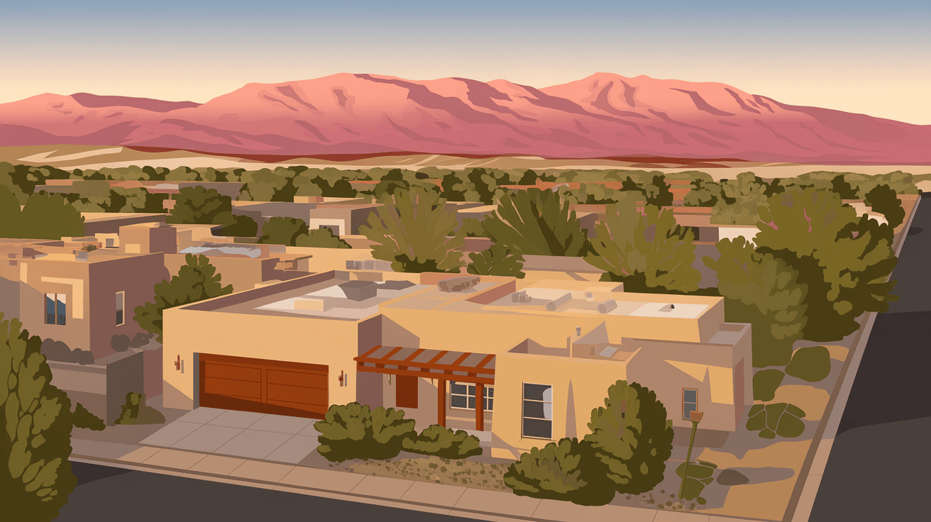 Aerial view of an Albuquerque residential neighborhood at golden hour with the Sandia Mountains glowing pink in the background, adobe-style homes visible below