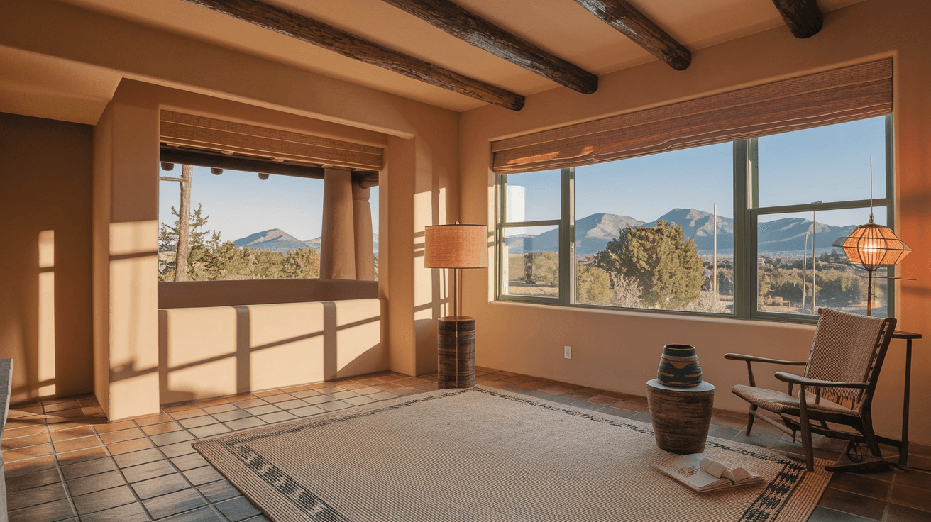 A well-staged Albuquerque home interior with warm natural light, terracotta tile floors, vigas on the ceiling, and a view of the Sandia Mountains through a large window