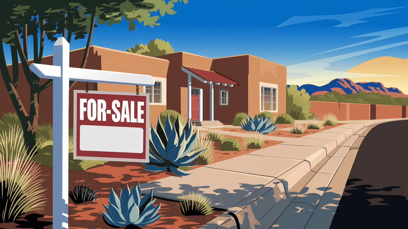 A for-sale sign in front of a well-maintained adobe home in Albuquerque with mature desert landscaping, blue New Mexico sky, and the Sandia Mountains visible in the distance