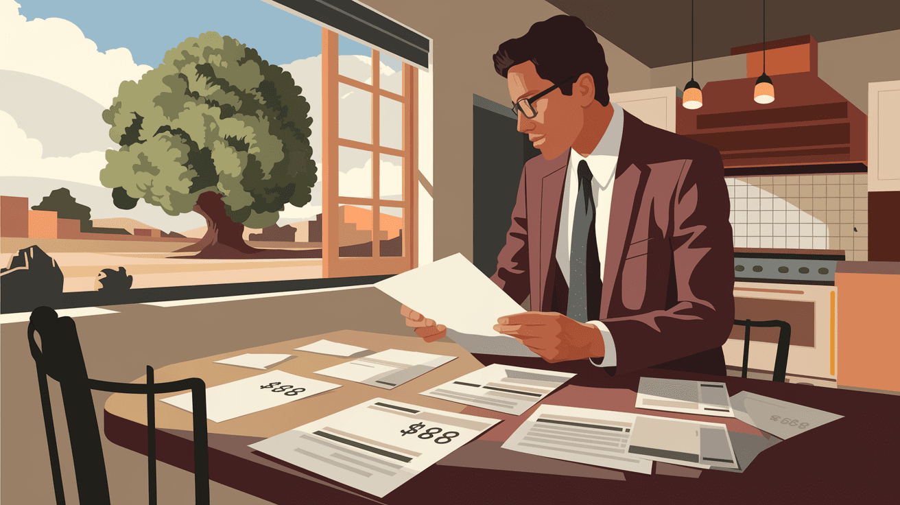 A Taylor Team agent reviewing home pricing documents at a kitchen table in a sunlit Albuquerque home, with a view of a mature cottonwood tree through the window