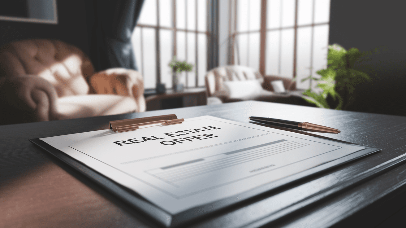 A close-up of a real estate offer document on a wooden table with a pen resting beside it, soft natural light coming through a window