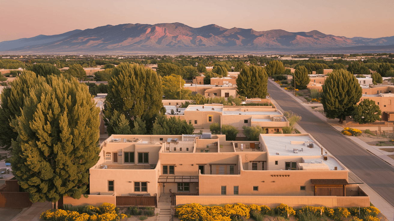 A warm golden-hour aerial view of a classic Albuquerque adobe neighborhood with mature cottonwood trees, flat-roofed homes, and the Sandia Mountains glowing pink in the background