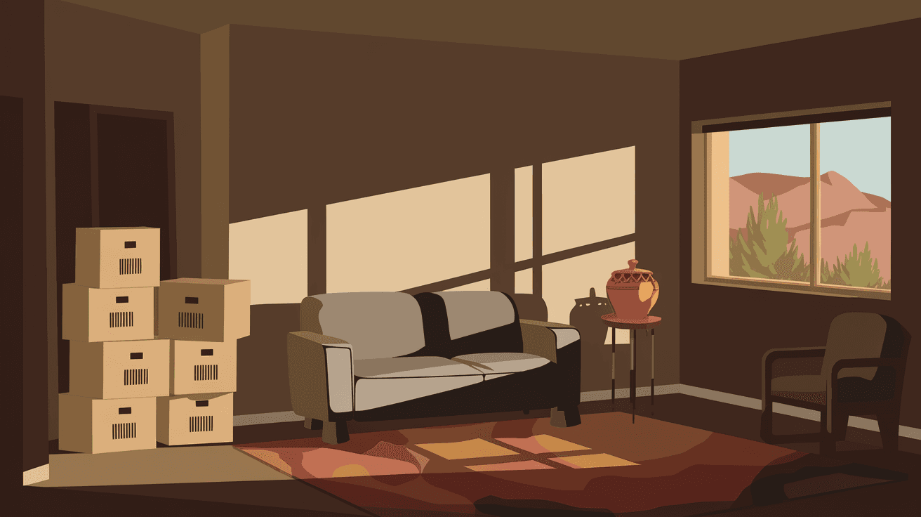 Military family's moving boxes stacked in the living room of an empty adobe-style home in Albuquerque, with warm afternoon light streaming through the window and the Sandia Mountains visible outside