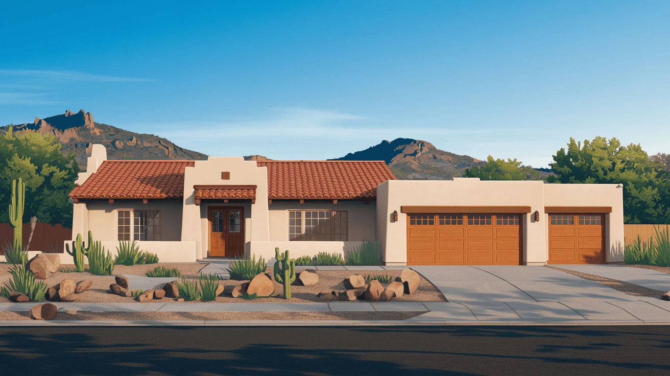 A well-maintained single-story adobe-style home in Albuquerque's Four Hills neighborhood with desert landscaping, a two-car garage, and the Manzano Mountains visible in the distance