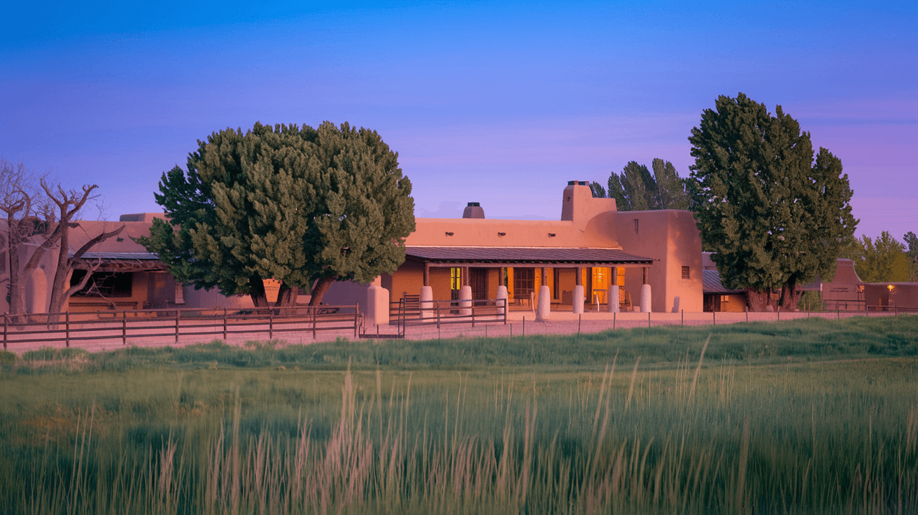 A traditional New Mexico adobe home in Corrales with a covered portal, mature cottonwood trees, and a split-rail fence bordering an irrigated pasture at dusk