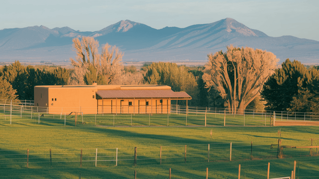 A well-maintained horse property in Corrales New Mexico with a four-stall adobe barn, irrigated green pasture, and the Sandia Mountains visible in the late afternoon light