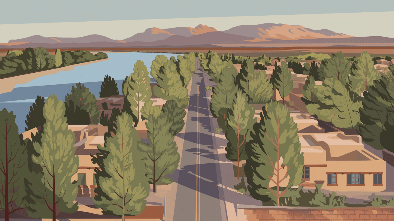 Aerial view of Corrales Road lined with cottonwood trees and adobe homes, the Rio Grande visible to the east and the Sandia Mountains in the distance under a wide New Mexico sky