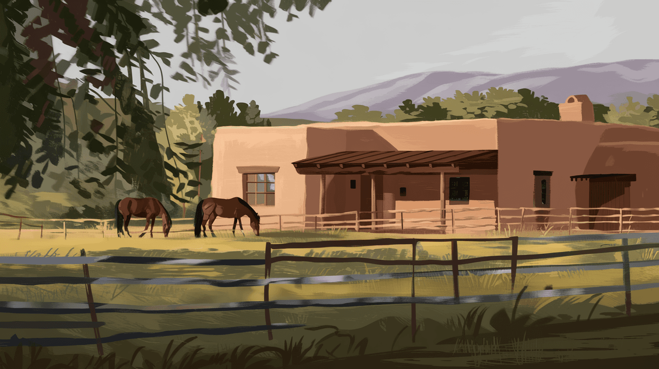 A well-maintained adobe home in Corrales with a split-rail fence, horses grazing in an irrigated pasture, and the West Mesa visible in the background under afternoon New Mexico light