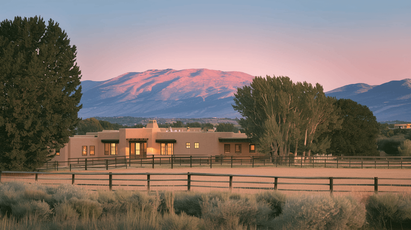 A wide-angle view of a Corrales property at dusk showing a custom adobe home, a wood-fenced horse paddock, mature cottonwood trees, and the Sandia Mountains glowing pink in the background