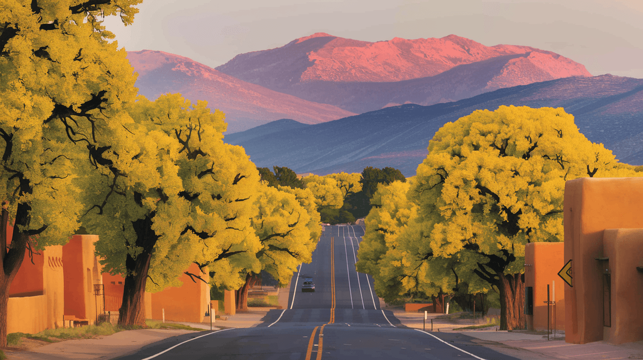 A golden-hour view down Corrales Road with cottonwood trees arching overhead, adobe walls lining both sides, and the Sandia Mountains glowing pink in the distance