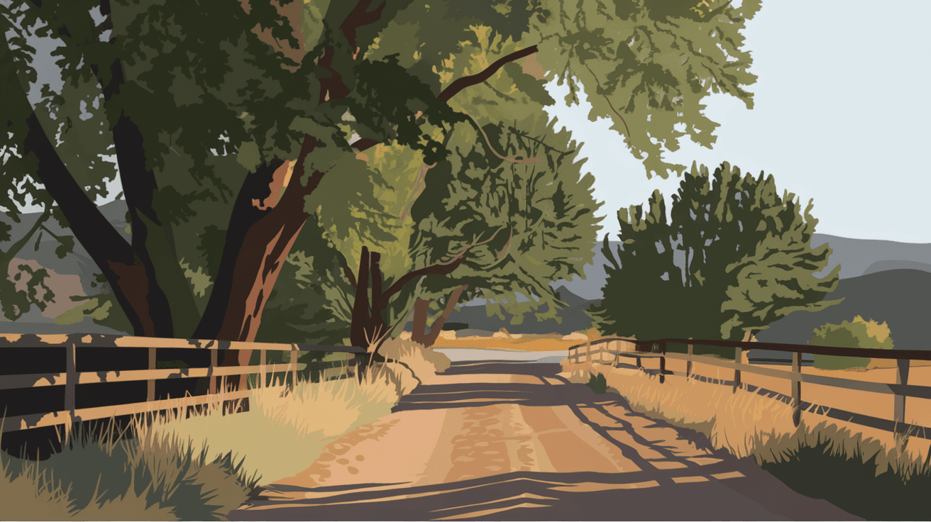 A quiet unpaved lane in Corrales NM lined with old cottonwood trees and a wooden horse fence, late afternoon golden light filtering through the leaves