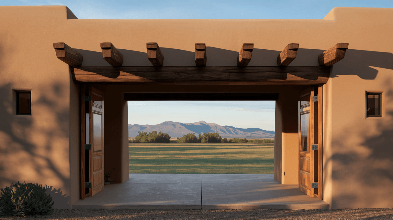 A luxury adobe home in Corrales NM with a portal, latilla ceiling details, and Sandia Mountain views visible across an open irrigated pasture at golden hour