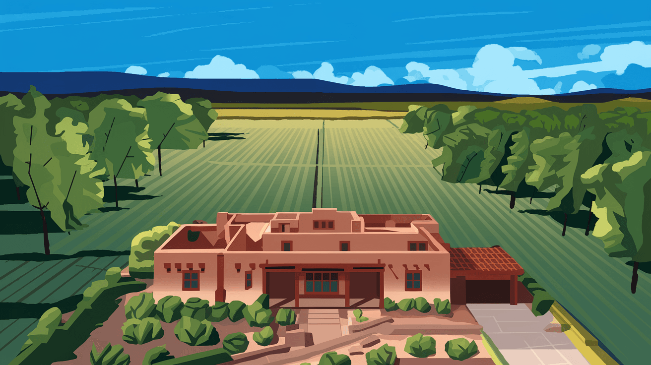 Aerial view of a traditional adobe home in Corrales NM surrounded by irrigated green fields, cottonwood trees, and the Rio Grande bosque in the background under a vivid blue New Mexico sky