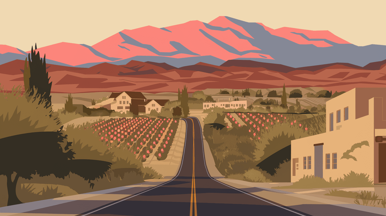 Aerial view of Corrales Road winding through apple orchards and adobe homes with the Sandia Mountains glowing pink at sunset in the background