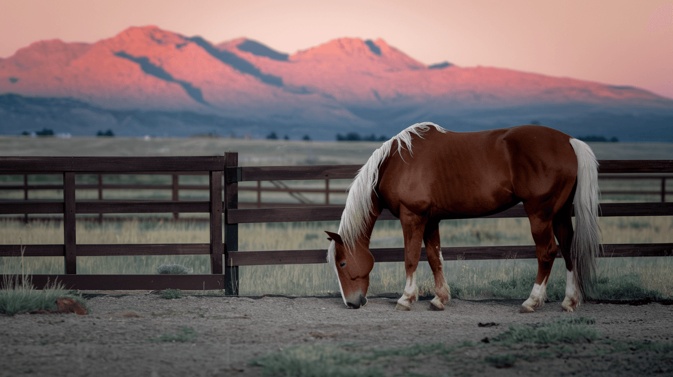 A wide-angle view of a Corrales equestrian property at dusk, with a wood-fenced pasture, a grazing horse, and the Sandia Mountains turning pink in the distance