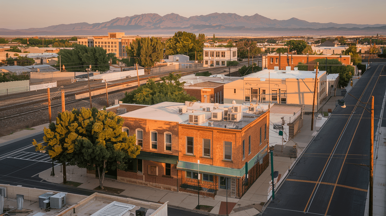 An aerial view of the EDo neighborhood in Albuquerque looking east toward the Sandia Mountains, showing a mix of historic brick buildings, tree-lined streets, and the railroad corridor at golden hour
